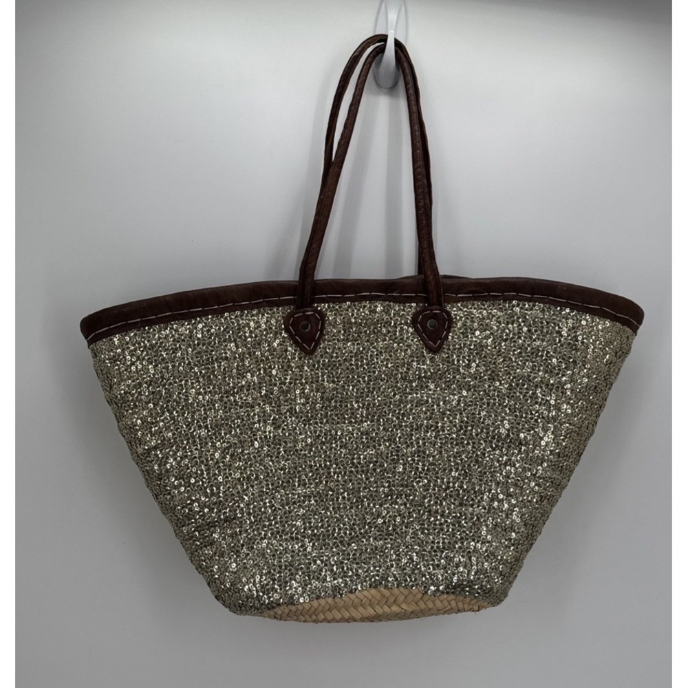 Monserat De Lucca Sequin Tote Bag Brown Leather Trim Made in Morocco Boho